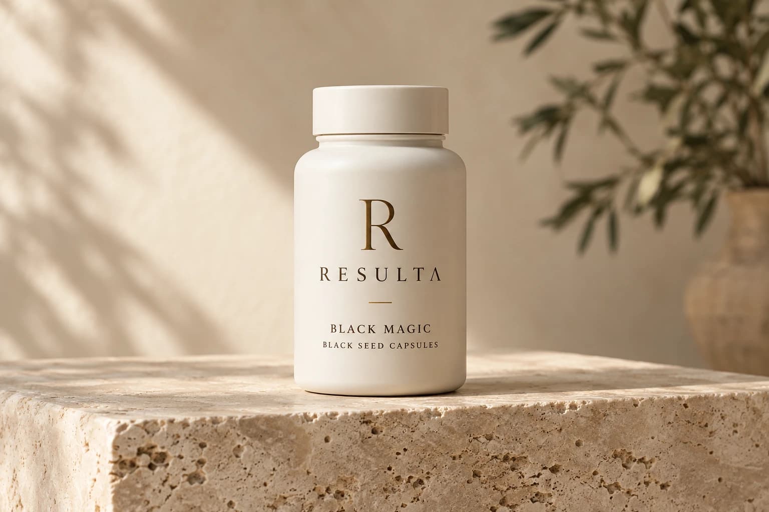 Resulta Black Magic ivory bottle packaging concept on warm stone