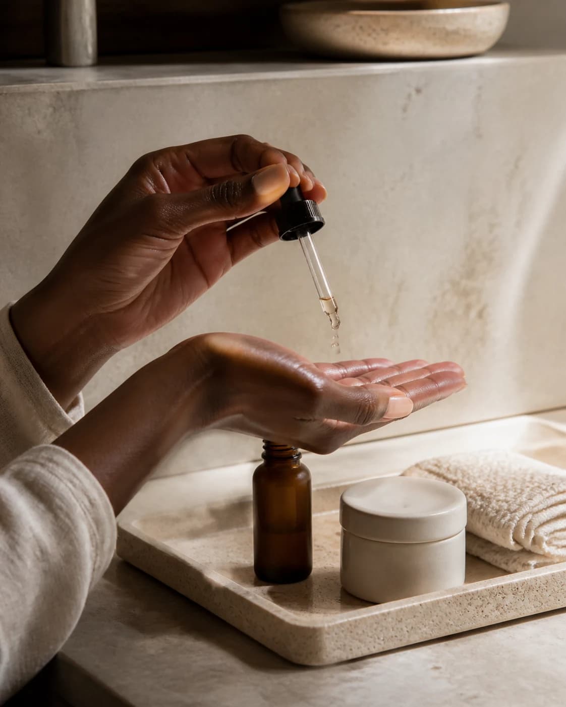 Woman dispensing facial serum into her palm beside a considered daily skincare routine
